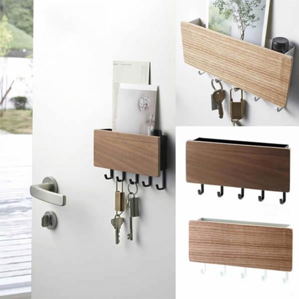 Wall Mounted Wood Colored Rack with Hooks